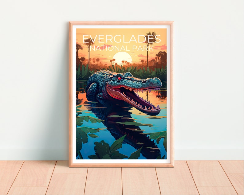 Affiche de voyage des Everglades, art mural de Floride, impression de Floride, affiche des Everglades, affiche d'alligator, affiche de la nature, art des Everglades