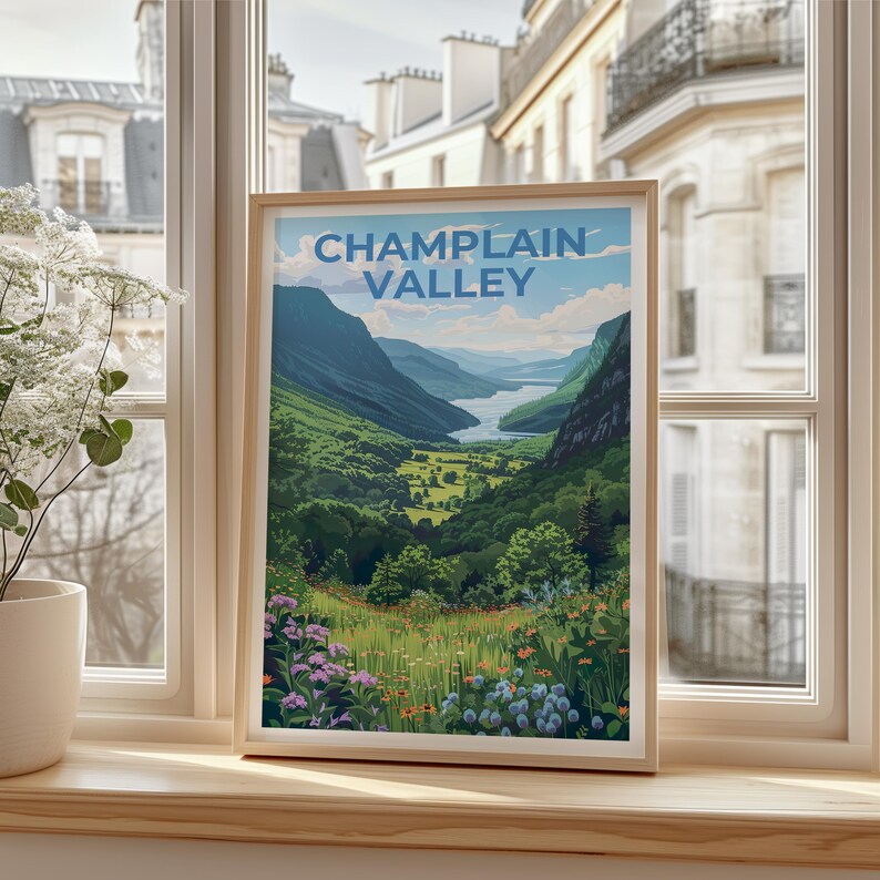 Champlain Valley Travel Poster, New York Print, Vermont Poster, Mountain Illustration, Forest Poster, Home Decor, Birthday Gift