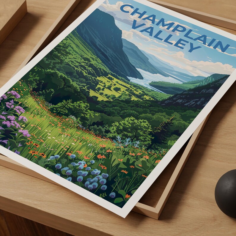Champlain Valley Travel Poster, New York Print, Vermont Poster, Mountain Illustration, Forest Poster, Home Decor, Birthday Gift