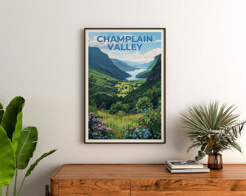 Champlain Valley Travel Poster, New York Print, Vermont Poster, Mountain Illustration, Forest Poster, Home Decor, Birthday Gift