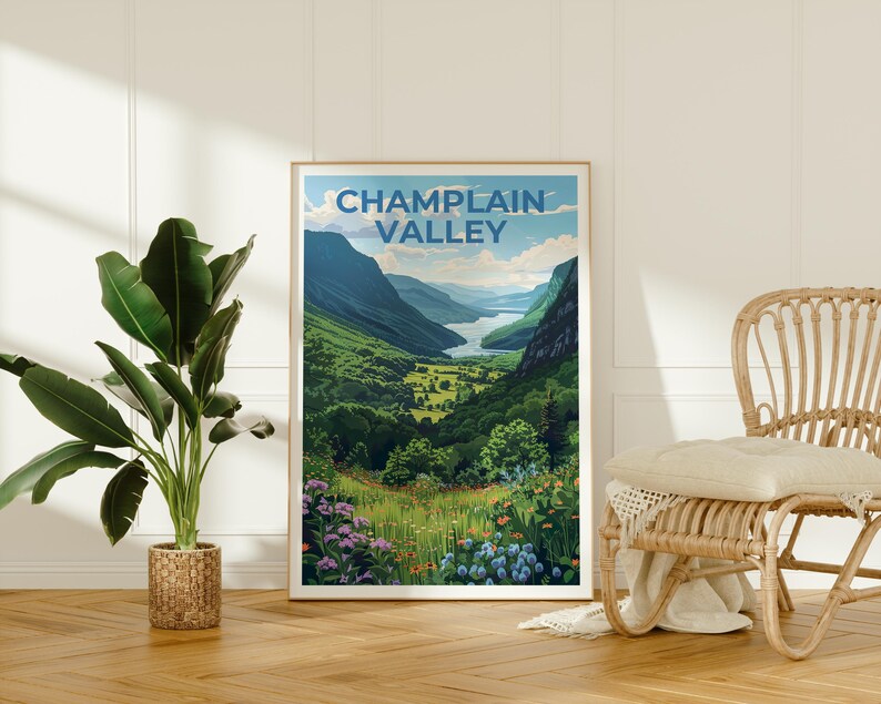 Champlain Valley Travel Poster, New York Print, Vermont Poster, Mountain Illustration, Forest Poster, Home Decor, Birthday Gift