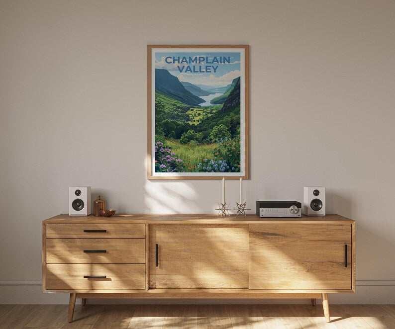 Champlain Valley Travel Poster, New York Print, Vermont Poster, Mountain Illustration, Forest Poster, Home Decor, Birthday Gift