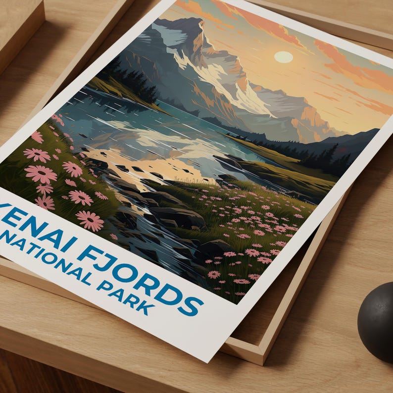 Kenai Fjords Travel Print Alaska Poster Wilderness Wall Art Mountain Illustration Kenai Fjords Poster Home Decor Birthday Gift