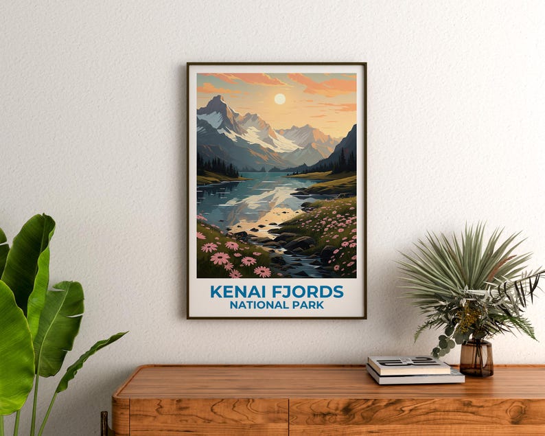 Kenai Fjords Travel Print Alaska Poster Wilderness Wall Art Mountain Illustration Kenai Fjords Poster Home Decor Birthday Gift