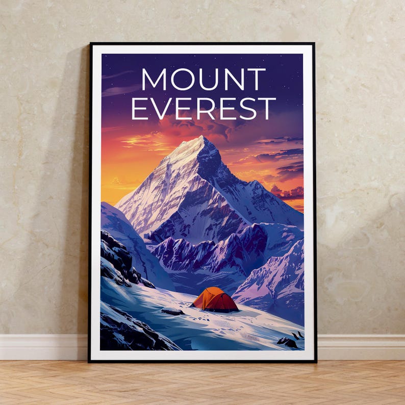 Mount Everest Print Poster, Mountain Wall Art, Camping Poster, Travel Gift Idea, Mountain Illustration, Mount Everest Poster