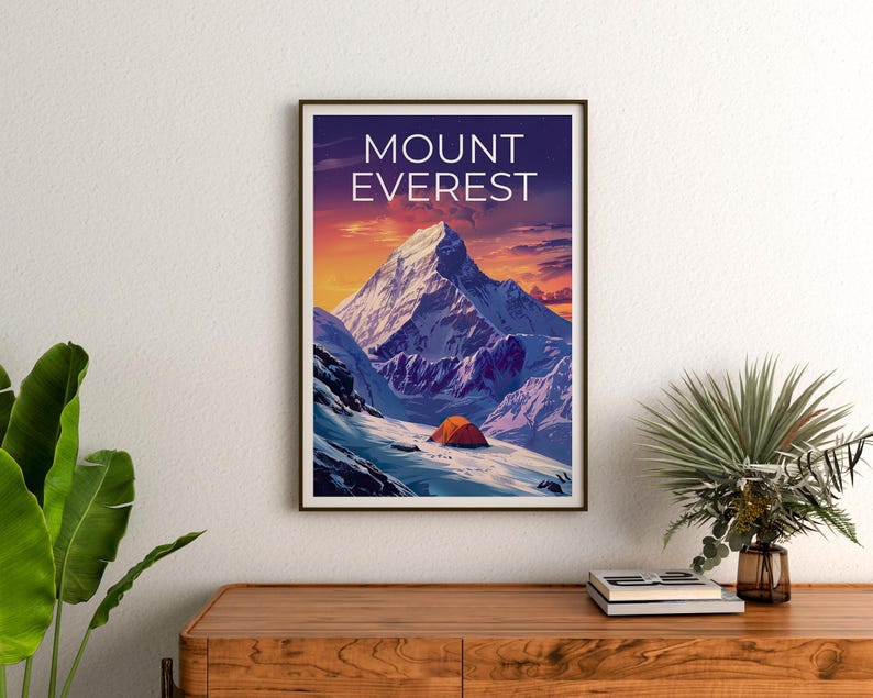 Mount Everest Print Poster, Mountain Wall Art, Camping Poster, Travel Gift Idea, Mountain Illustration, Mount Everest Poster