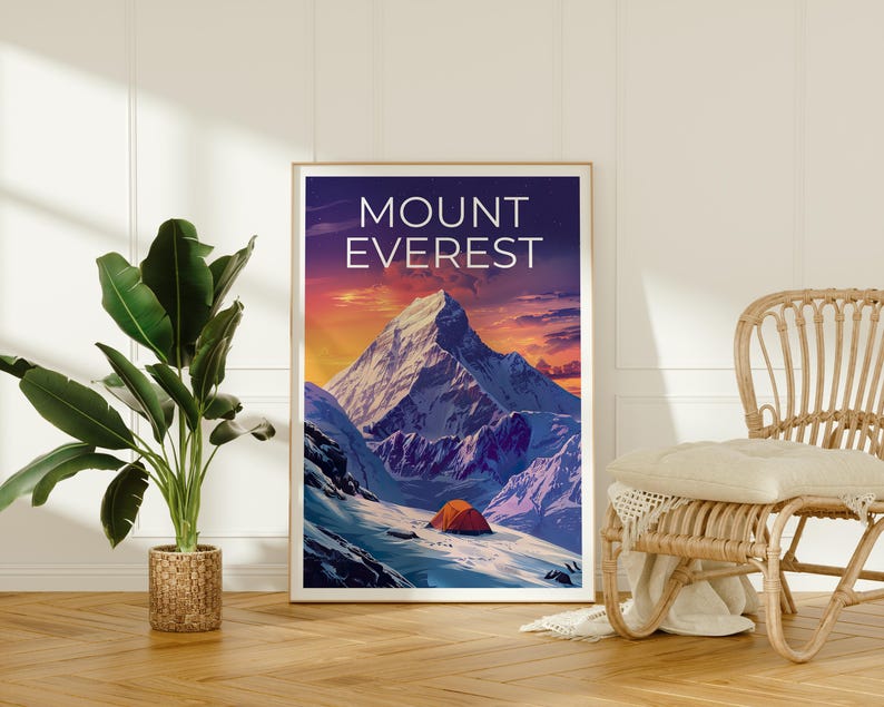 Mount Everest Print Poster, Mountain Wall Art, Camping Poster, Travel Gift Idea, Mountain Illustration, Mount Everest Poster
