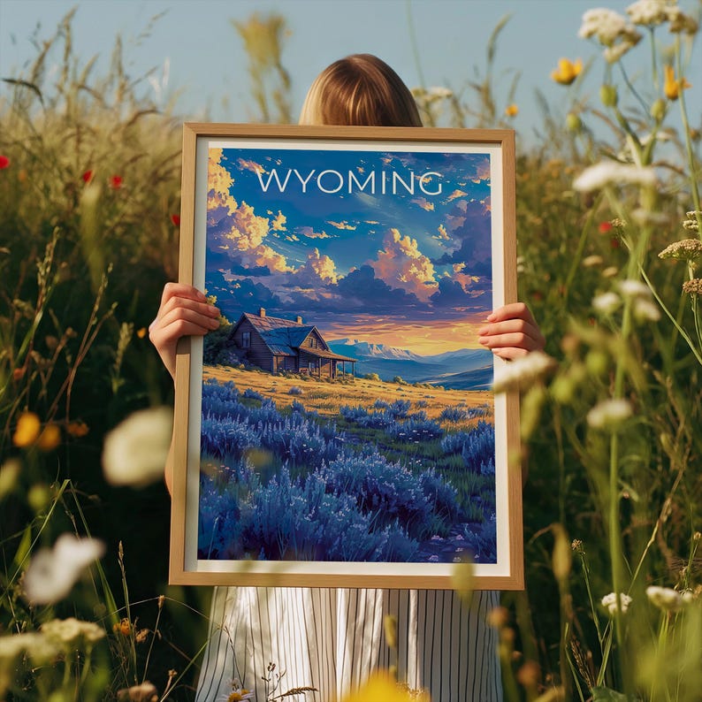Wyoming Travel Print, Outdoor Nature Poster, Wood Cabin Wall Art, Rustic Rugged Illustration, Landscape Poster, Home Decor, Birthday Gift