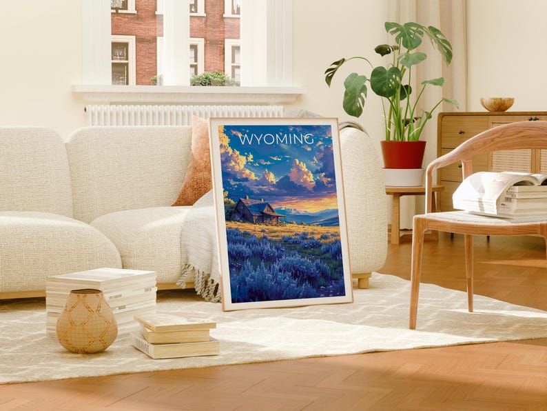 Wyoming Travel Print, Outdoor Nature Poster, Wood Cabin Wall Art, Rustic Rugged Illustration, Landscape Poster, Home Decor, Birthday Gift