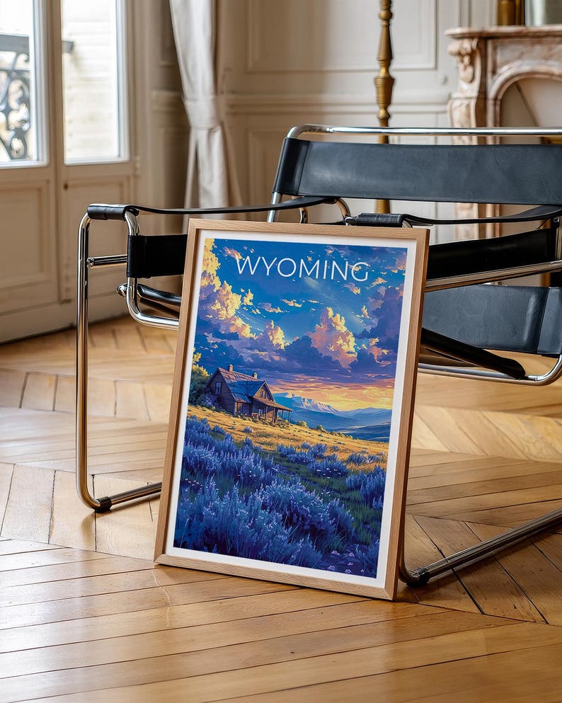Wyoming Travel Print, Outdoor Nature Poster, Wood Cabin Wall Art, Rustic Rugged Illustration, Landscape Poster, Home Decor, Birthday Gift