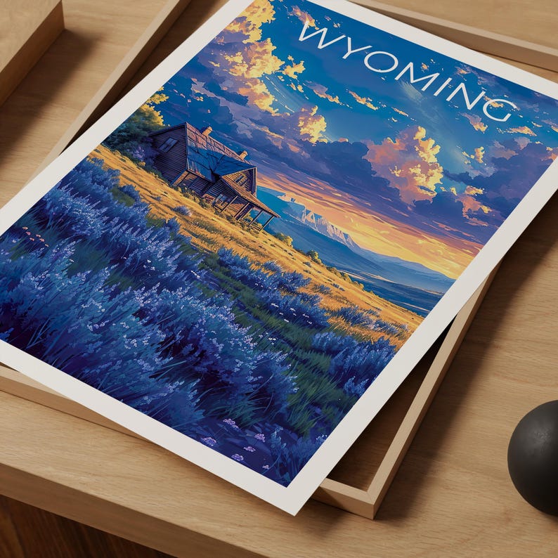 Wyoming Travel Print, Outdoor Nature Poster, Wood Cabin Wall Art, Rustic Rugged Illustration, Landscape Poster, Home Decor, Birthday Gift