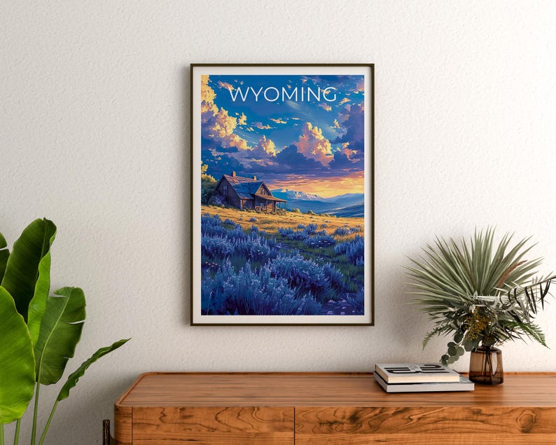 Wyoming Travel Print, Outdoor Nature Poster, Wood Cabin Wall Art, Rustic Rugged Illustration, Landscape Poster, Home Decor, Birthday Gift