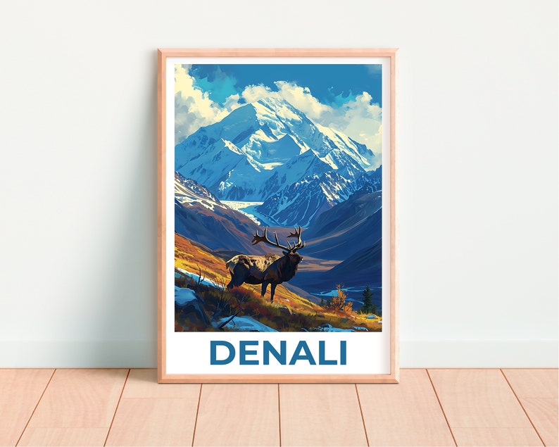 Affiche de voyage Denali, art mural de l'Alaska, impression de l'Alaska, affiche Denali, affiche de l'Alaska, impression Denali, art Denali