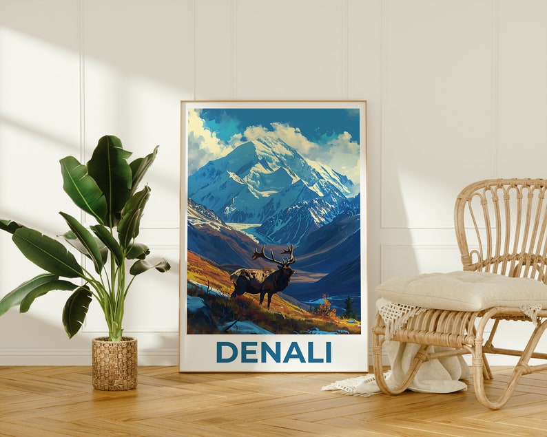 Affiche de voyage Denali, art mural de l'Alaska, impression de l'Alaska, affiche Denali, affiche de l'Alaska, impression Denali, art Denali