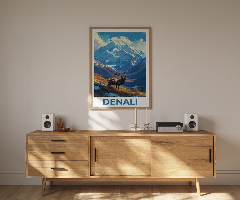Affiche de voyage Denali, art mural de l'Alaska, impression de l'Alaska, affiche Denali, affiche de l'Alaska, impression Denali, art Denali