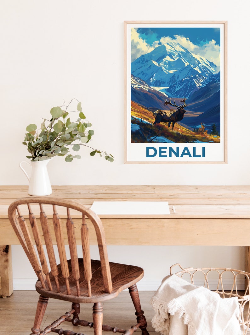 Affiche de voyage Denali, art mural de l'Alaska, impression de l'Alaska, affiche Denali, affiche de l'Alaska, impression Denali, art Denali