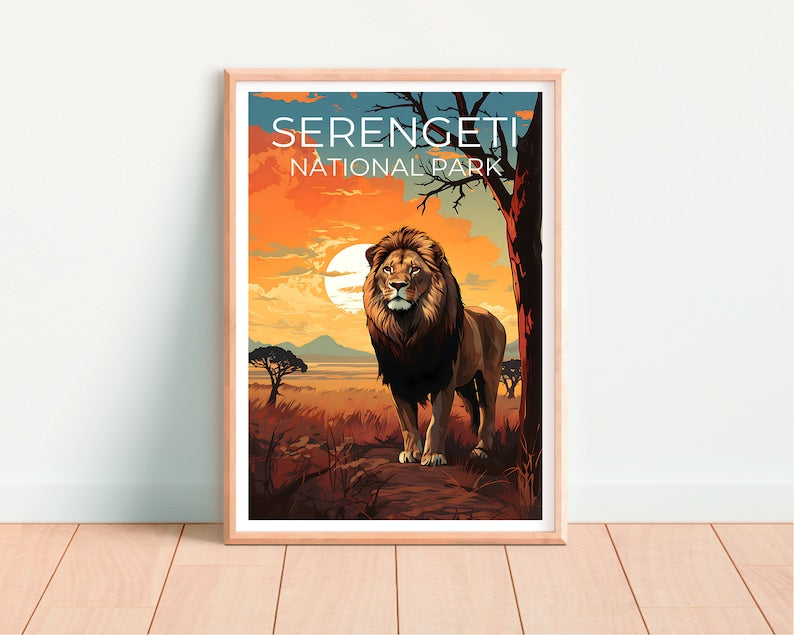 Serengeti Travel Poster, Lion Poster, Lion Print, Serengeti Poster, Safari Poster, Africa Print, Serengeti Print