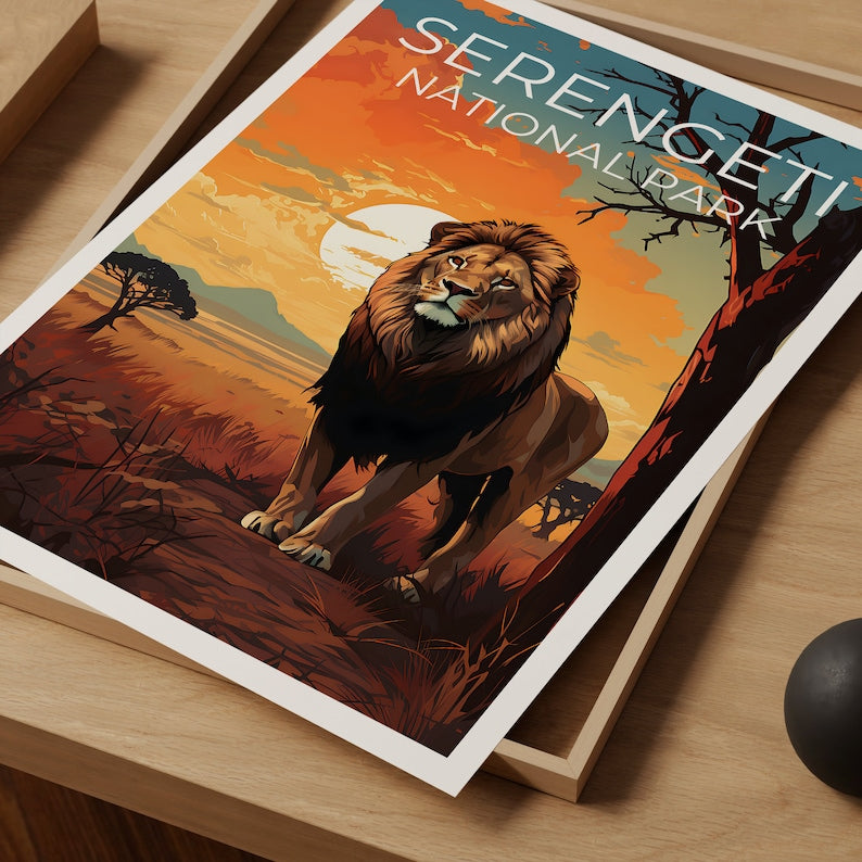 Serengeti Travel Poster, Lion Poster, Lion Print, Serengeti Poster, Safari Poster, Africa Print, Serengeti Print