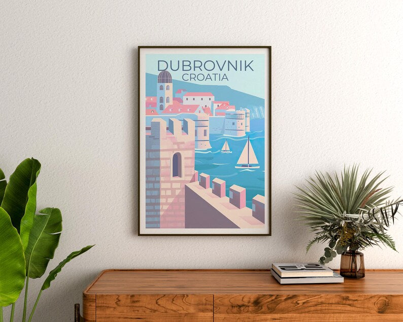 Dubrovnik Travel Print, Croatia Poster, Europe Poster, Old Town Illustration, Castle Poster, Scenic Wall Art Home Decor, Birthday Gift