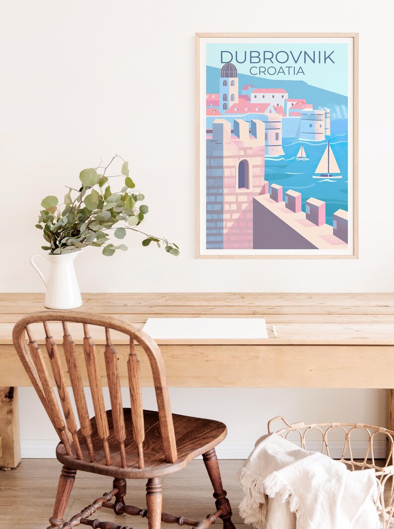 Dubrovnik Travel Print, Croatia Poster, Europe Poster, Old Town Illustration, Castle Poster, Scenic Wall Art Home Decor, Birthday Gift