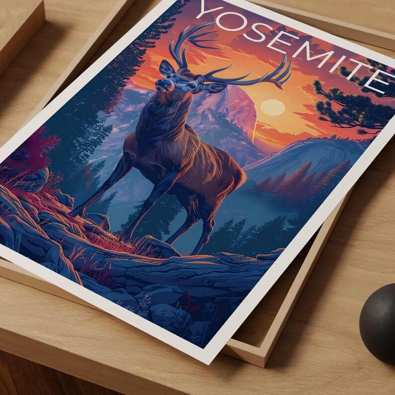 Affiche Yosemite, Impression Yosemite, Art du cerf, Impression Half Dome, Affiche Californie, Cadeau Yosemite, Impression Californie