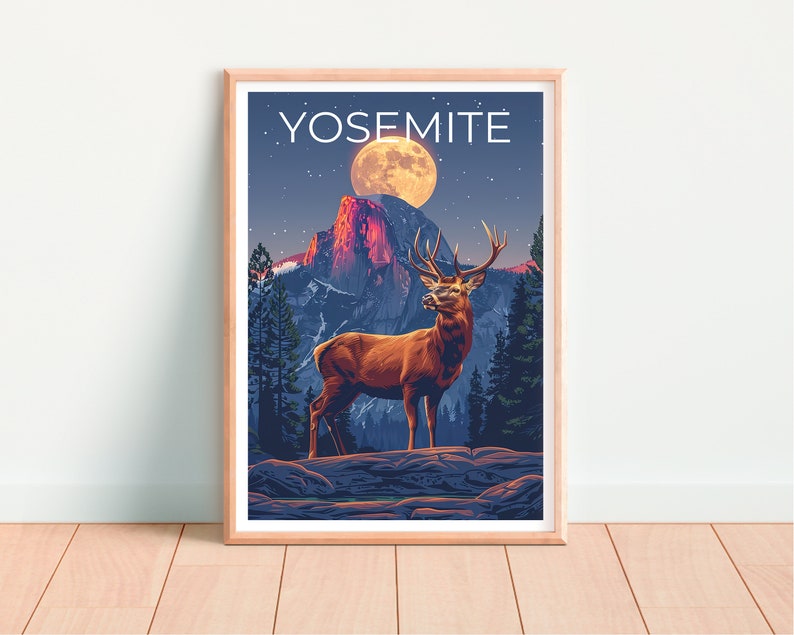 Affiche Yosemite, Impression Yosemite, Art du cerf, Impression de cerf, Affiche du parc national de Yosemite, Affiche de Californie