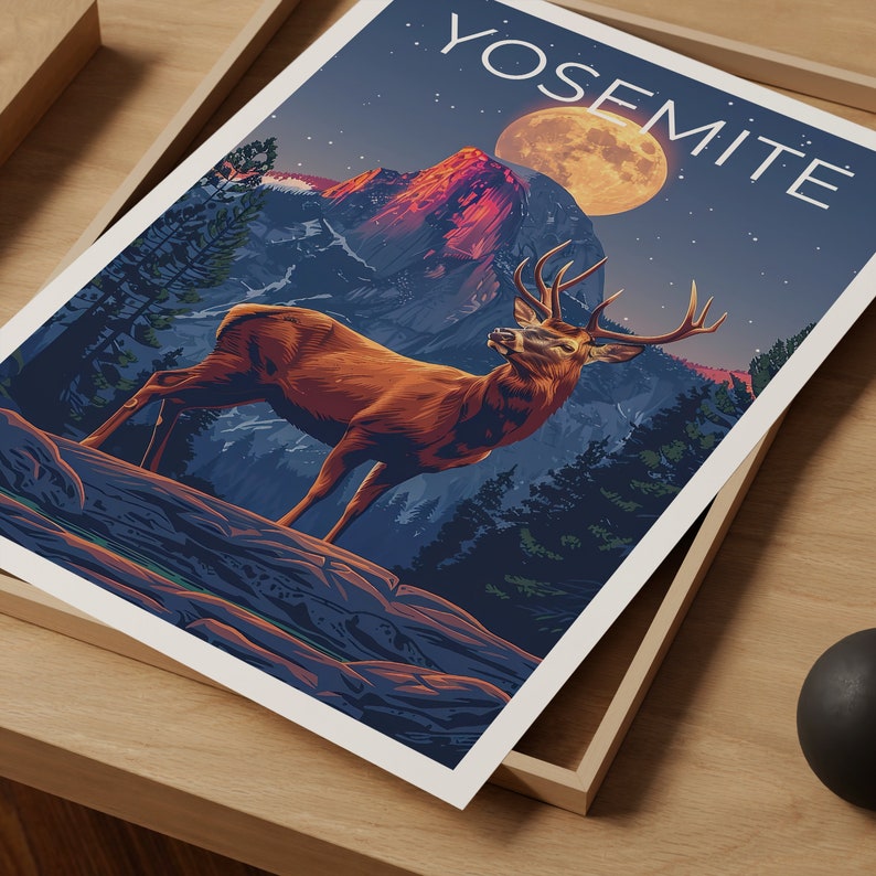 Affiche Yosemite, Impression Yosemite, Art du cerf, Impression de cerf, Affiche du parc national de Yosemite, Affiche de Californie