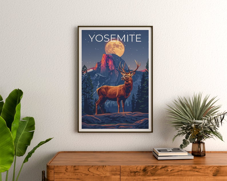 Affiche Yosemite, Impression Yosemite, Art du cerf, Impression de cerf, Affiche du parc national de Yosemite, Affiche de Californie