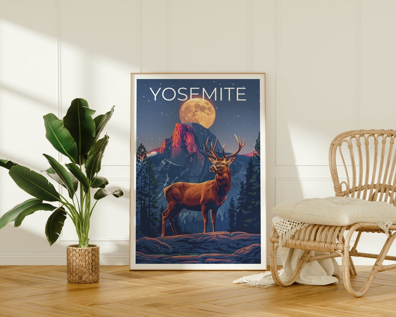 Affiche Yosemite, Impression Yosemite, Art du cerf, Impression de cerf, Affiche du parc national de Yosemite, Affiche de Californie
