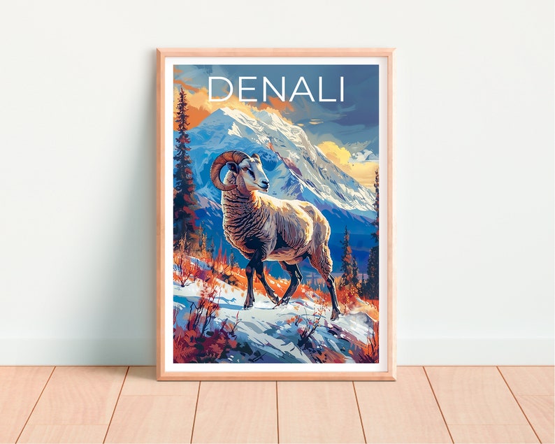 Affiche du parc national de Denali, impression Denali, art Denali, affiche de bélier, impression de bélier, affiche d'Alaska