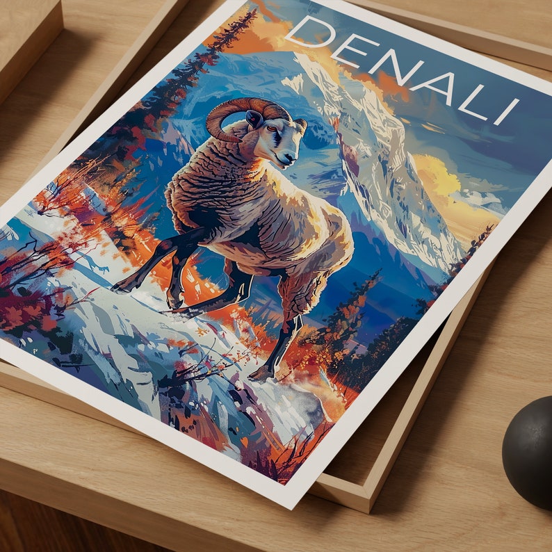 Affiche du parc national de Denali, impression Denali, art Denali, affiche de bélier, impression de bélier, affiche d'Alaska