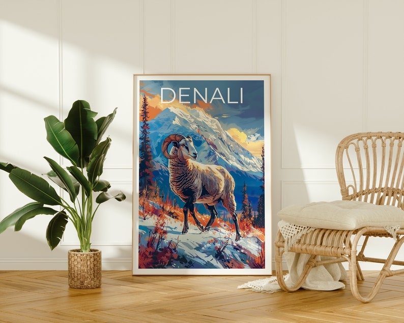 Affiche du parc national de Denali, impression Denali, art Denali, affiche de bélier, impression de bélier, affiche d'Alaska