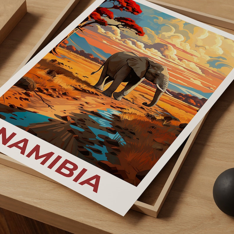 Namibia Poster, Namibia Print, Africa Poster, Safari Print, Namibia Travel Poster, Elephant Art, Africa Art