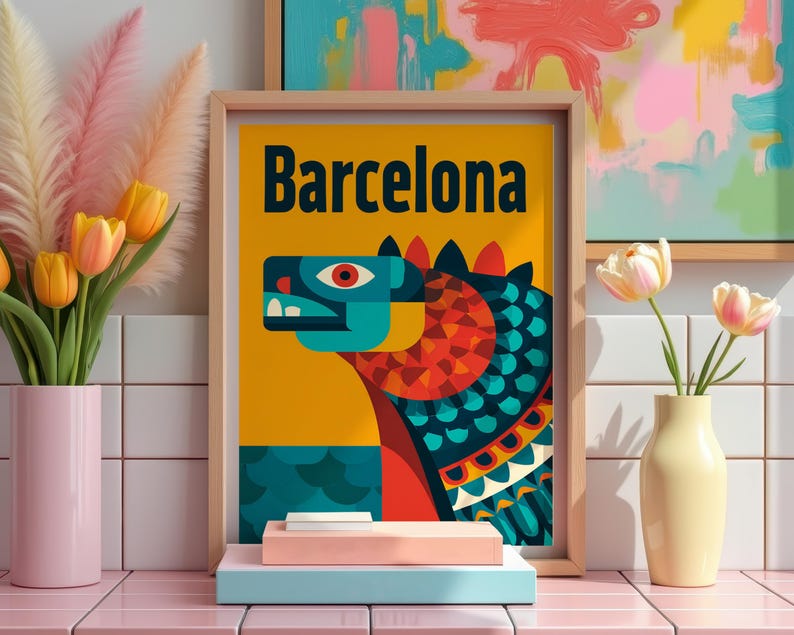 Barcelona Poster, Park Guell Dragon Travel Print, Spain Art, Europe Poster, Scenic Wall Art, Home Decor, Birthday Gift