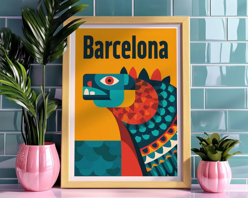 Barcelona Poster, Park Guell Dragon Travel Print, Spain Art, Europe Poster, Scenic Wall Art, Home Decor, Birthday Gift