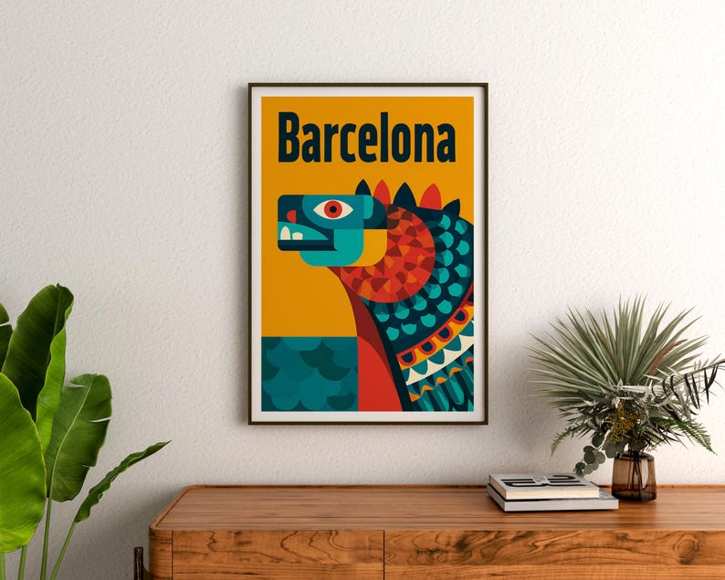 Barcelona Poster, Park Guell Dragon Travel Print, Spain Art, Europe Poster, Scenic Wall Art, Home Decor, Birthday Gift
