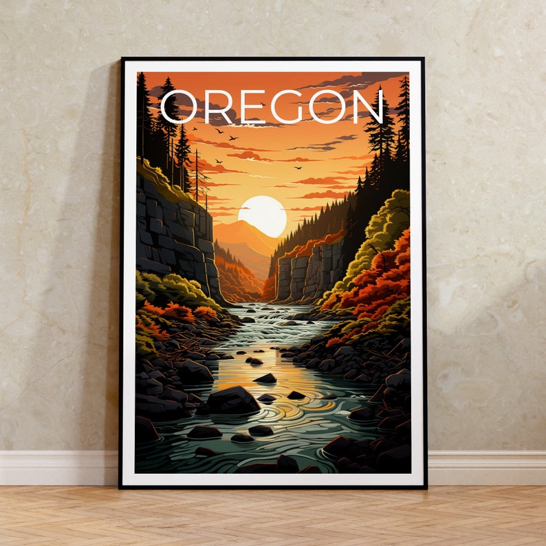 Oregon Travel Poster, Trees Wall Art, Forest Print, Nature Poster, Oregon Poster, River Poster, Oregon Art