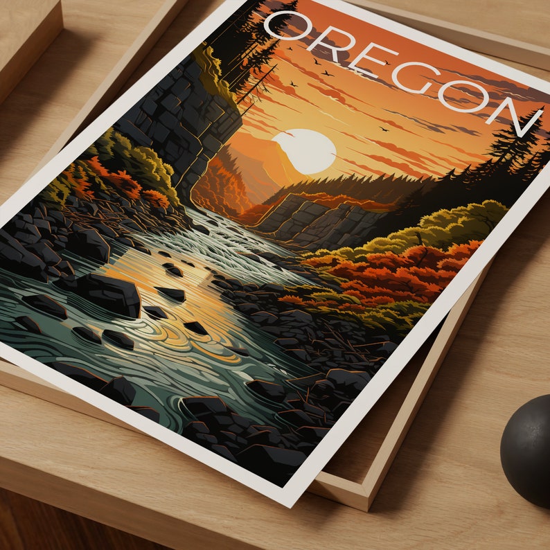 Affiche de voyage de l'Oregon, art mural d'arbres, impression de forêt, affiche de nature, affiche de l'Oregon, affiche de rivière, art de l'Oregon
