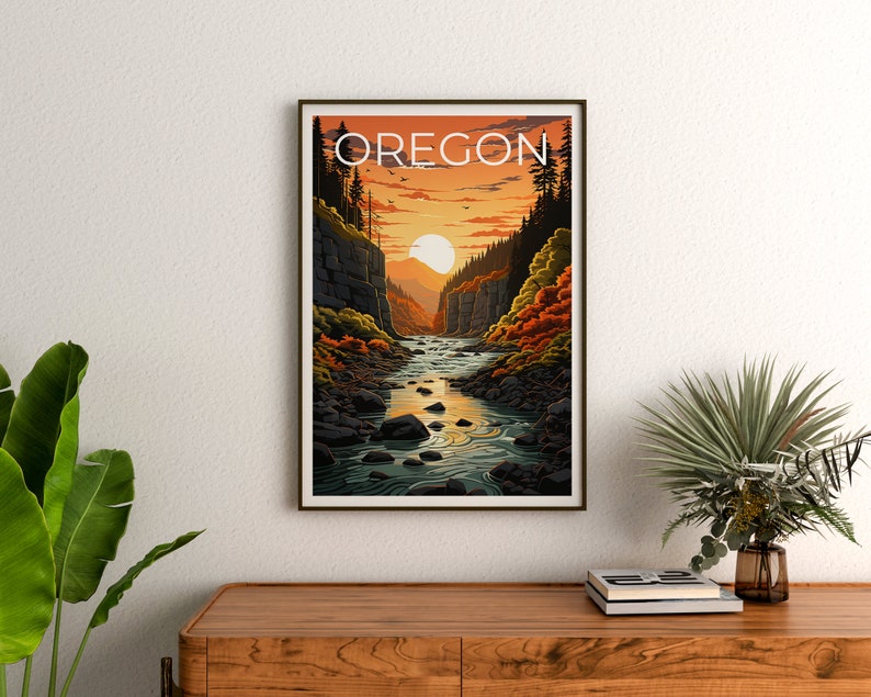 Affiche de voyage de l'Oregon, art mural d'arbres, impression de forêt, affiche de nature, affiche de l'Oregon, affiche de rivière, art de l'Oregon