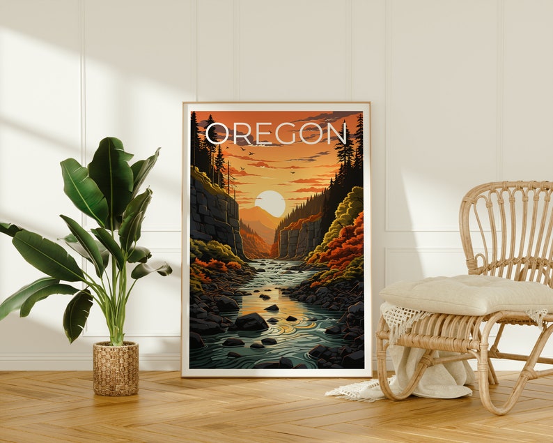 Affiche de voyage de l'Oregon, art mural d'arbres, impression de forêt, affiche de nature, affiche de l'Oregon, affiche de rivière, art de l'Oregon