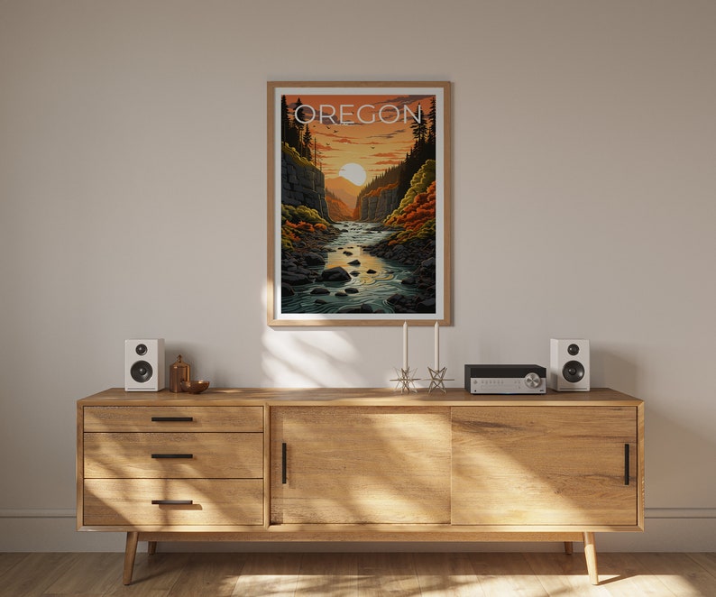 Affiche de voyage de l'Oregon, art mural d'arbres, impression de forêt, affiche de nature, affiche de l'Oregon, affiche de rivière, art de l'Oregon