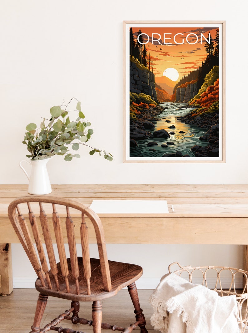 Affiche de voyage de l'Oregon, art mural d'arbres, impression de forêt, affiche de nature, affiche de l'Oregon, affiche de rivière, art de l'Oregon