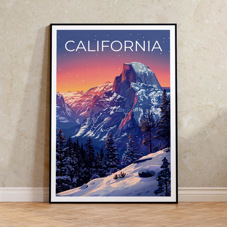 California Travel Print, Yosemite Poster, Half Dome Wall Art, Mountain Illustration, National Park Print, Home Decor, Birthday Gift