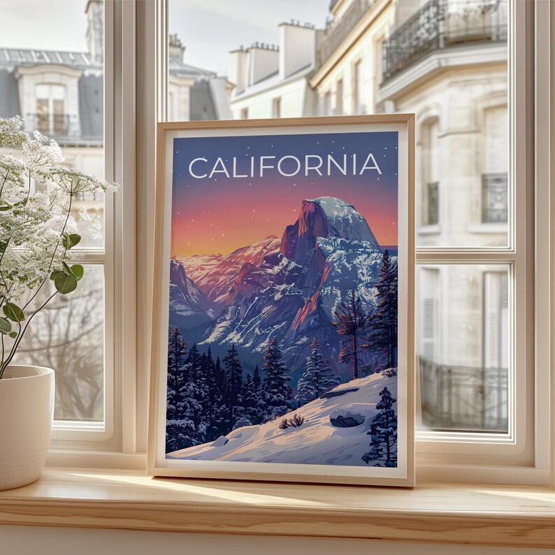 California Travel Print, Yosemite Poster, Half Dome Wall Art, Mountain Illustration, National Park Print, Home Decor, Birthday Gift