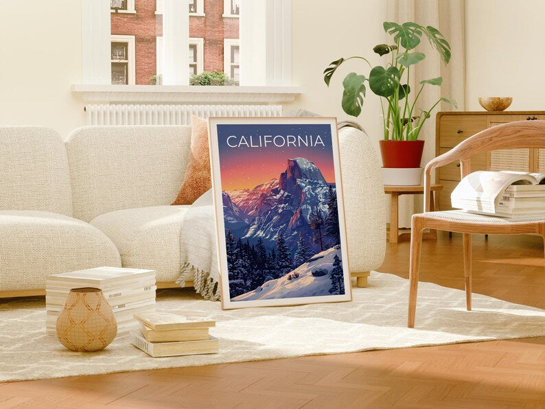 California Travel Print, Yosemite Poster, Half Dome Wall Art, Mountain Illustration, National Park Print, Home Decor, Birthday Gift