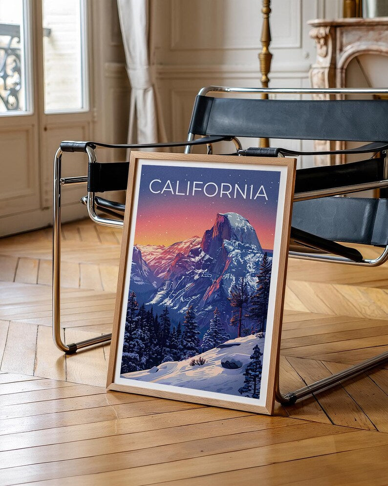 California Travel Print, Yosemite Poster, Half Dome Wall Art, Mountain Illustration, National Park Print, Home Decor, Birthday Gift