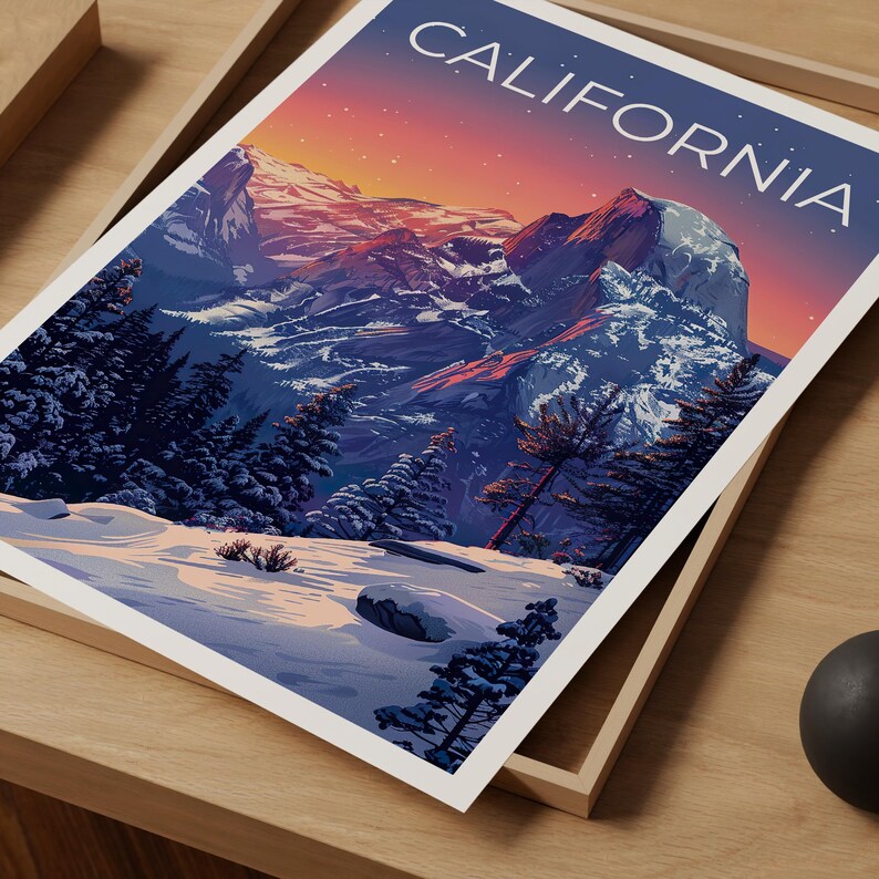 California Travel Print, Yosemite Poster, Half Dome Wall Art, Mountain Illustration, National Park Print, Home Decor, Birthday Gift