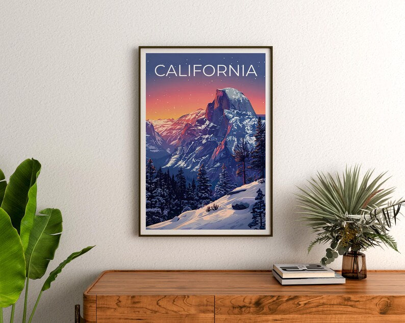 California Travel Print, Yosemite Poster, Half Dome Wall Art, Mountain Illustration, National Park Print, Home Decor, Birthday Gift
