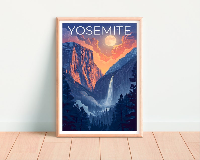 Affiche du parc national de Yosemite, impression de Yosemite, affiche de cascade, affiche de Californie, affiche de voyage en Californie, art de Yosemite, cadeau de Yosemite