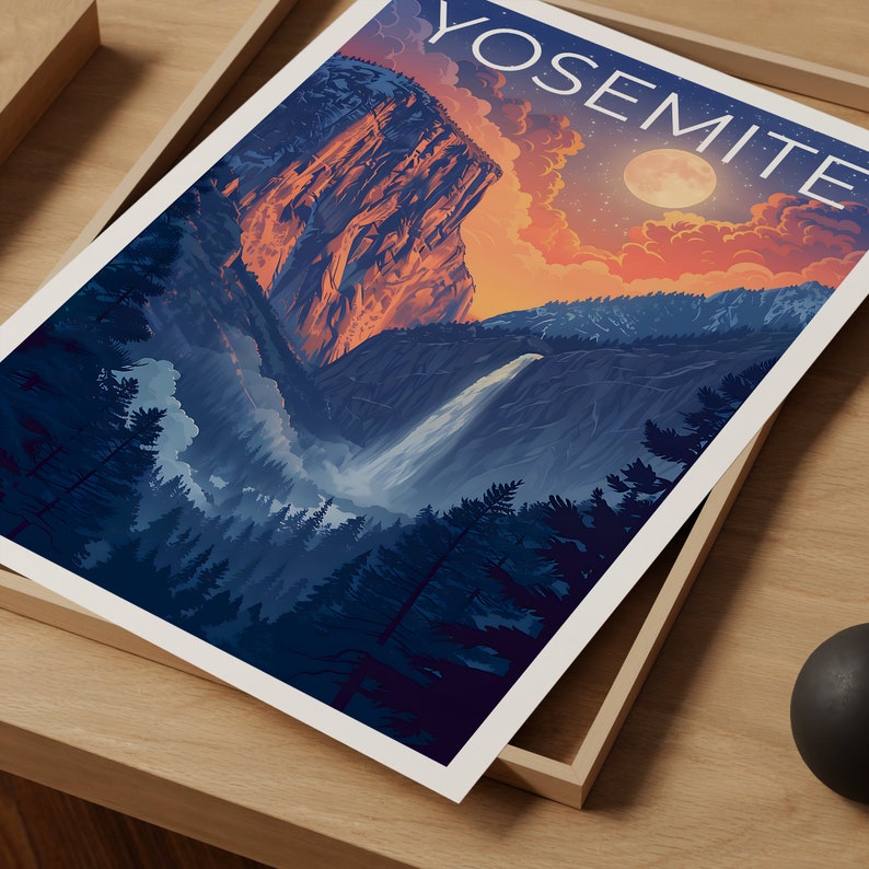 Affiche du parc national de Yosemite, impression de Yosemite, affiche de cascade, affiche de Californie, affiche de voyage en Californie, art de Yosemite, cadeau de Yosemite